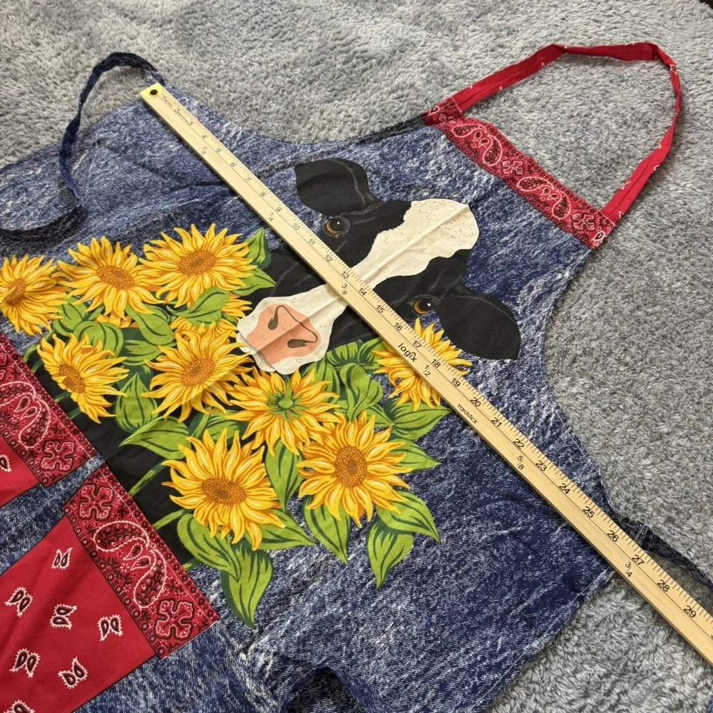Unbranded Unisex Cow Sunflower Apron OS Blue Red Bandana Print Farmhouse Style